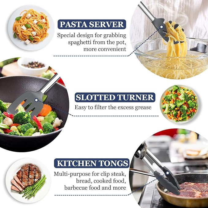 TeamFar Kitchen Utensils, 8PCS Silicone Utensils Kitchen Tools Set with Stainless Steel Handle, for Nonstick Cookware Frying Flipping Draining, Healthy & Anti-heat, Nonstick & Dishwasher Safe - Gray