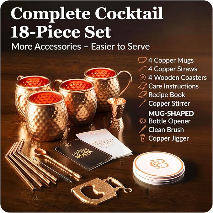 Moscow Mule Copper Mugs - Unique HANDCREFTED Gift Set of 4, Hammered by Artisan, 100% Pure Solid Copper Cups 16oz for Drinking Water & Cocktails, Include 18 Pcs accessories & Special Opener