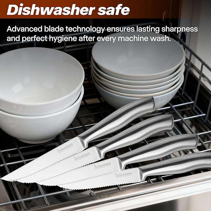 Steak Knife Set of 6, 4.5 inches Dishwasher Safe High Carbon Stainless Steel Knives, Silver