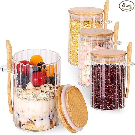 4 Pack Glass Containers with Lids and Spoons, Overnight Oat Container with Lids Glass, Oatmeal Jar with Spoons, Meal Prep Jars for Yogurt, Chia Pudding (Ribbed Round 4PCS)