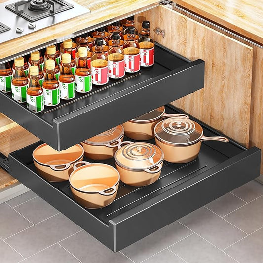 Pull out Cabinet Organizer, 21"Deep, Heavy Duty Full-Extension Slide out Drawers for Kitchen Cabinets with Nano Adhesive, Roll Out Shelf Sliding Cabinet for Pots, Bathroom, Pantry, Under Sink, Black