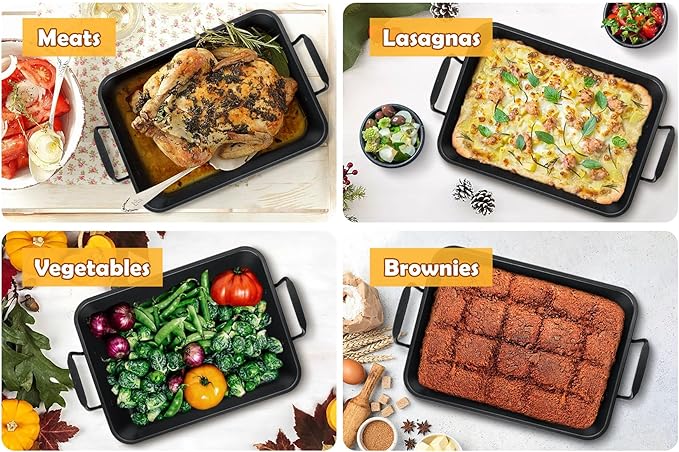 TeamFar Roasting Pan, 14” Nonstick Deep Lasagna Brownie Turkey Pan with V-Shaped Rack & Cooling Rack, with Stainless Steel Core & Nonstick Coating, Healthy & Heavy Duty, Easy to Clean, Set of 3