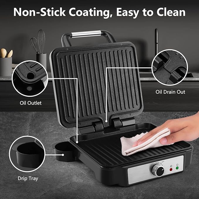 MONXOOK Panini Press Sandwich Maker, 4 Slices Panini Grill Non-Stick Coated Plates, Panini Makers with Temperature Control, Opens 180 Degrees, Removable Drip Tray, 1400W, Stainless Steel