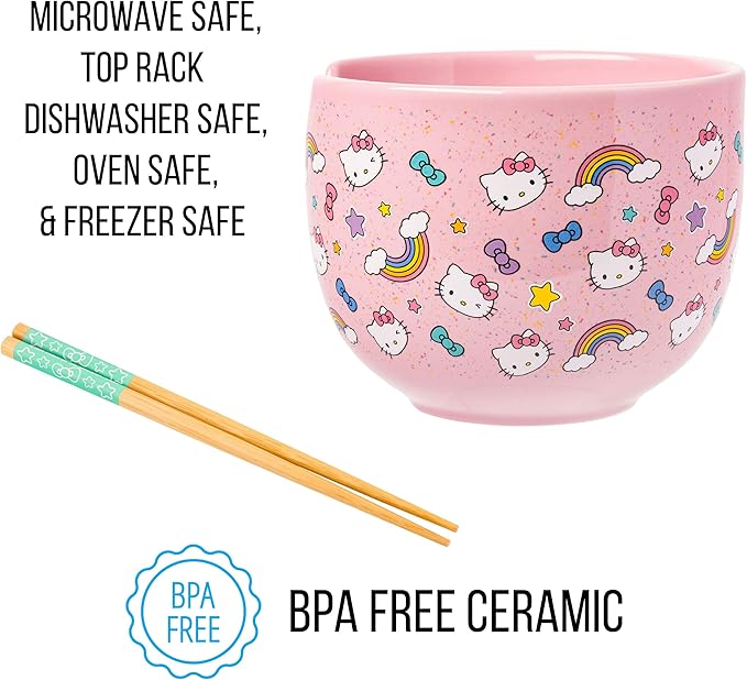Silver Buffalo Sanrio Hello Kitty Bows Stars Rainbow Pattern Ceramic Ramen Noodle Rice Bowl with Chopsticks, Microwave Safe, 20 Ounces