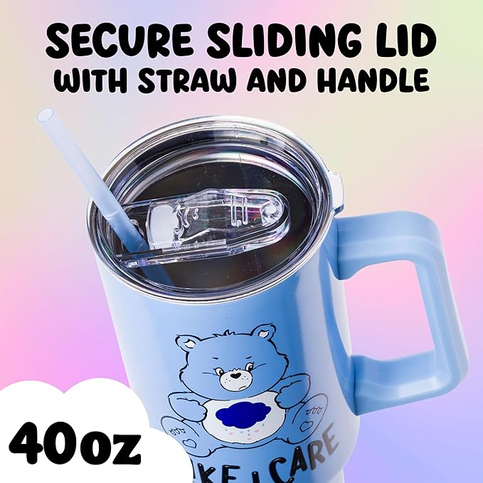Silver Buffalo Care Bears Grumpy Bear Like I Care Stainless Steel Tumbler with Handle and Straw, Fits in Standard Cup Holder, 40 Ounces