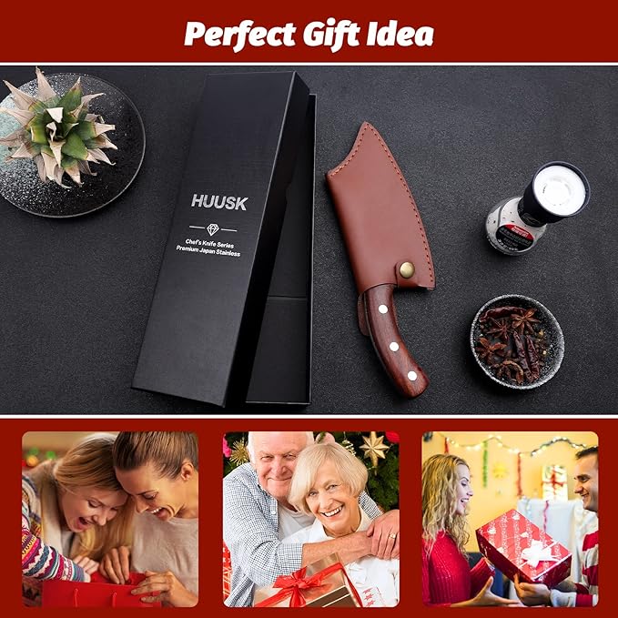 Huusk Meat Cleaver Knife, Hand Forged Butcher Knife for Meat Cutting, Full Tang Viking Knives with Sheath, Japanese Chef Knives for Outdoor Cooking, Camping, BBQ, Christmas Gift for Man and Women