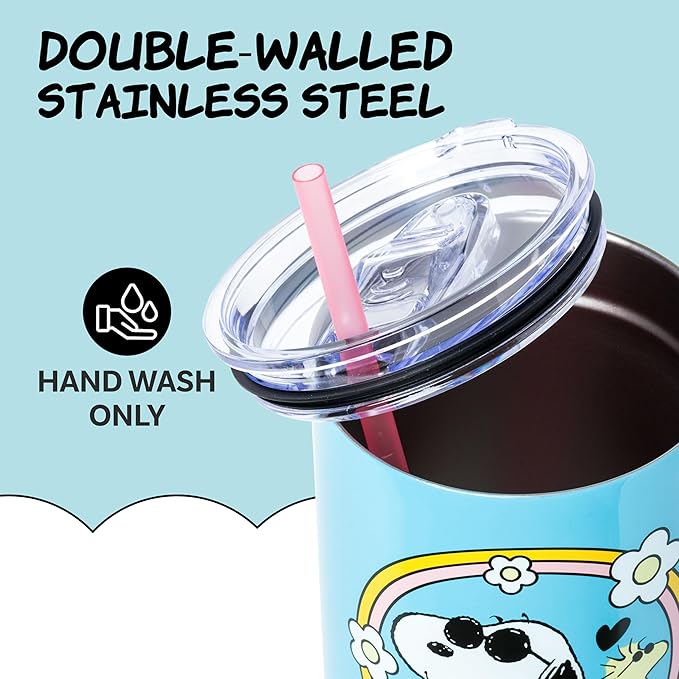 Silver Buffalo Peanuts Featuring Snoopy and Woodstock Feelin' Groovy Stainless Steel Tumbler with Handle and Straw, Fits in Standard Cup Holder, 40 Ounces