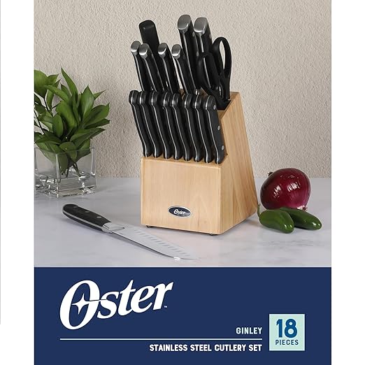 Oster Ginley 18 Piece High Carbon Stainless Steel Cutlery Kitchen Knife Block Set w/ABS Triple Riveted Forged Handle Wood Block - Black - Cuchillos Para Cocina
