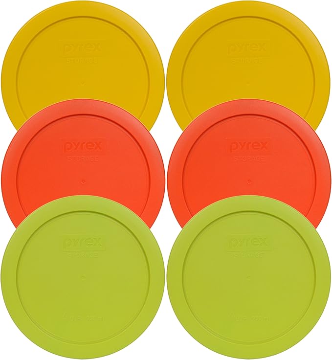 Pyrex 7201-PC 4 Cup (2) Butter Yellow, (2) Pumpkin Orange, & (2) Edamame Green Plastic Food Storage Lids, Made in USA