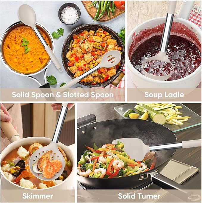 TeamFar Kitchen Utensils Set of 8, Silicone Utensils Kitchen Tools Set with Stainless Steel Handle, for Frying Serving Flipping Draining, Non-toxic & Heatproof, Nonstick & Dishwasher Safe - Khaki