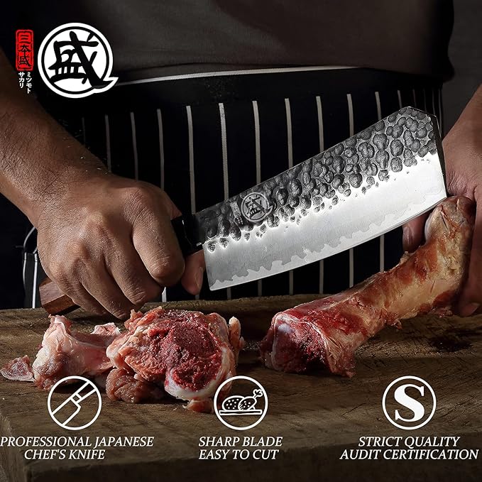 MITSUMOTO SAKARI Boning Knife 7 inch - Hand Forged Japanese Meat Cleaver Knives, 3-Layer 9CR18MOV High Carbon Steel, Rosewood Handle & Sandalwood Box