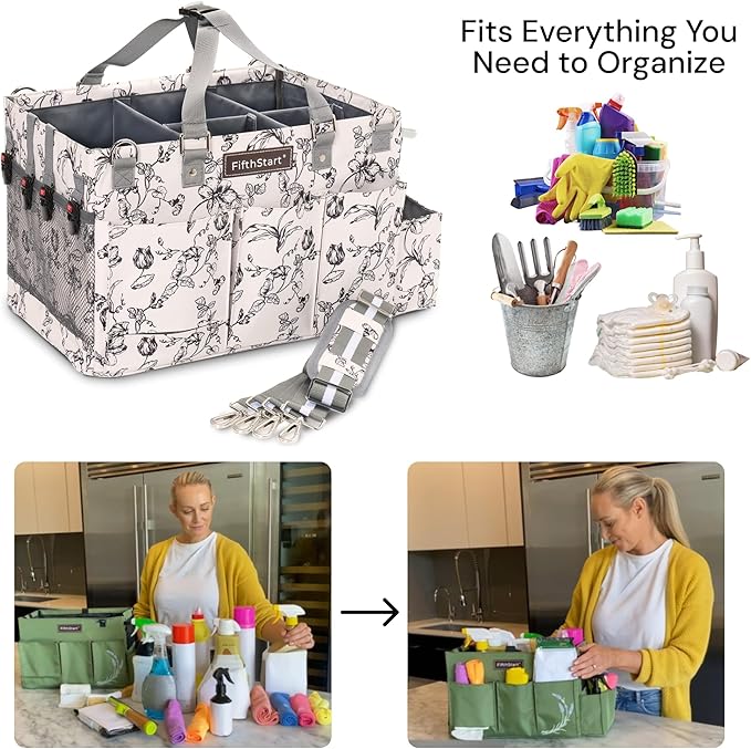 FifthStart Multiuse Cleaning Caddy with Waist & Shoulder Strap - Diaper Caddy & Beach Bag - 9 Pockets & Mesh Base - Adjustable Compartments (Black, Small) - Cleaning Supplies Organizer Bag