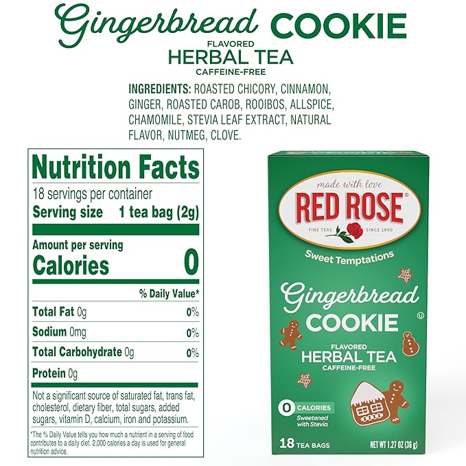 Red Rose Sweet Temptations Dessert Tea Gingerbread Cookie, Zero Carbs, Zero Sugar Bursting with Flavor Caffeine-Free Delicious Beverage Herbal Tea, 18 Count Naturally Flavored Herbal Tea Pack of 6