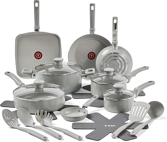T-Fal Refresh Ceramic Pots and Pans Set, 20-Piece Nonstick Cookware Set, Stockpot, Griddle, Frying Pans, Utensils, Moon Grey