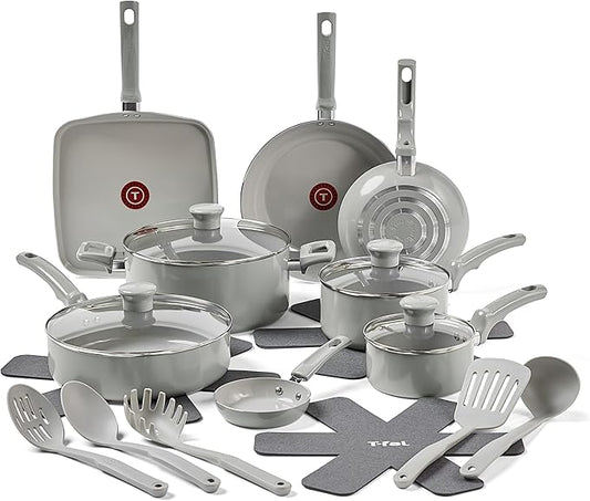 T-Fal Refresh Ceramic Pots and Pans Set, 20-Piece Nonstick Cookware Set, Stockpot, Griddle, Frying Pans, Utensils, Moon Grey