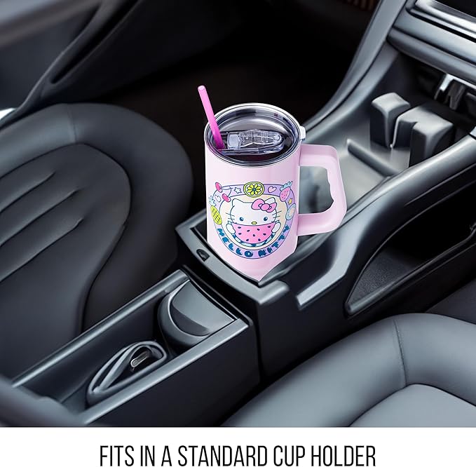 Silver Buffalo Sanrio Hello Kitty Summer Kawaii Fruits Stainless Steel Tumbler with Handle, Fits in Standard Cup Holder, 40 Ounces
