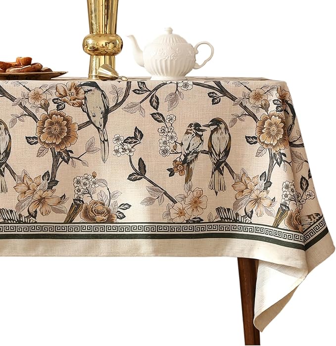ISAENNE Designer Vintage Linen Extra Long Tablecloth Rectangle,Floral and Bird Pattern Elegant Table Cloth,Fall Wrinkle Resistant Decor Tablecloths for Dining Kitchen Christmas,63"*110"-Murad A