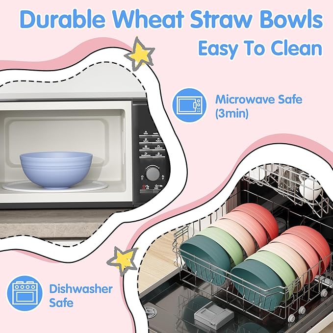 Quatish 16 PCS Unbreakable Cereal Bowls,Dishwasher & Microwave Safe Wheat Straw Bowls, Easy-to-Clean Lightweight Snack & Soup Bowl,Multi-Color Portable for Picnics Plastic Bowls Set, Multi