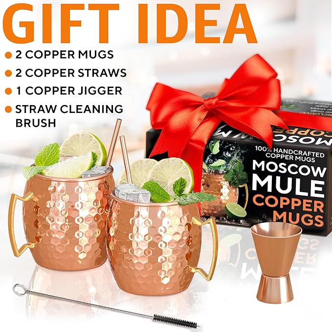 Benicci Moscow Mule Copper Mugs - Set of 2, 100% HANDCRAFTED - Food Safe Pure Copper Solid Mugs - 16 oz Gift Set with Premium Quality Cocktail Straws, Straw Cleaning Brush and Jigger!