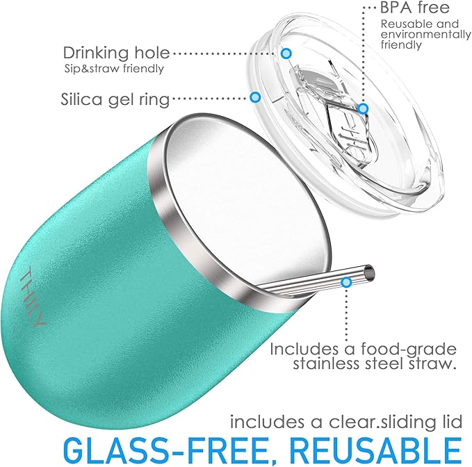 THILY Stainless Steel Stemless Wine Glasses 4 Pack Vacuum Insulated Cute Travel Wine Tumbler Set with Splash-proof Lids, Reusable Straws, Keep Cold & Hot for Wine, Coffee, Teal