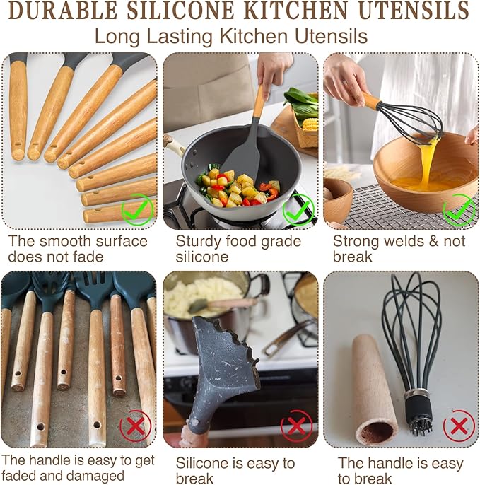 Umite Chef Kitchen Cooking Utensils Set, 33 pcs Non-stick Silicone Utensils Spatula Set with Holder, Wooden Handle Heat Resistant Silicone Kitchen Gadgets Utensil Set (Gray)