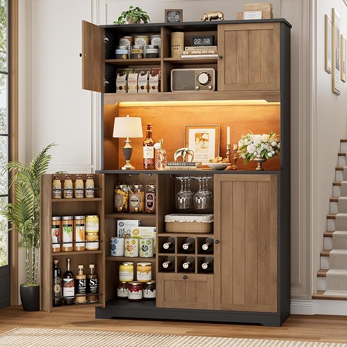 FINETONES 71" Pantry Cabinet with LED Light and Charging Station, Kitchen Pantry Cabinet with Microwave Stand, Kitchen Hutch Food Storage Cabinet with Outlet and Wine Racks, Black/Brown