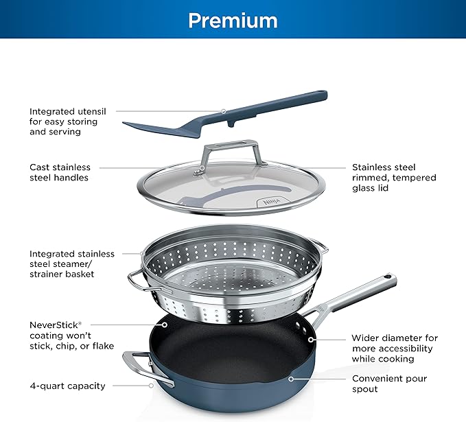 Ninja, Cookware, Steamer, Strainer Basket, Glass Lid and Spatula, Foodi NeverStick PossiblePan, Premium Set with 4-Quart Capacity Pan, Nonstick, Durable, Oven Safe Cookware, Cherry Tart, CW102BL