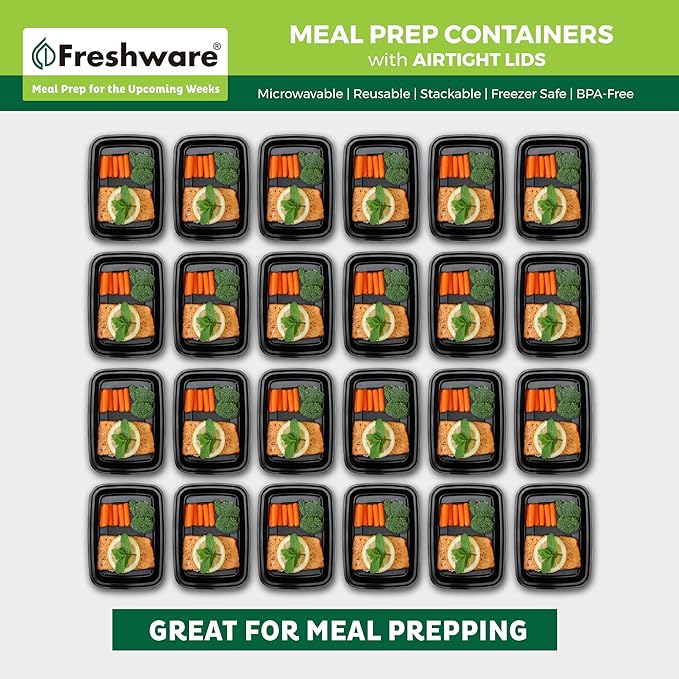 Freshware Meal Prep Containers 1 Compartment Food Storage Containers with Lids, Bento Box, BPA Free, Stackable, Microwave/Dishwasher/Freezer Safe (28 oz), 50 Count (Pack of 6)