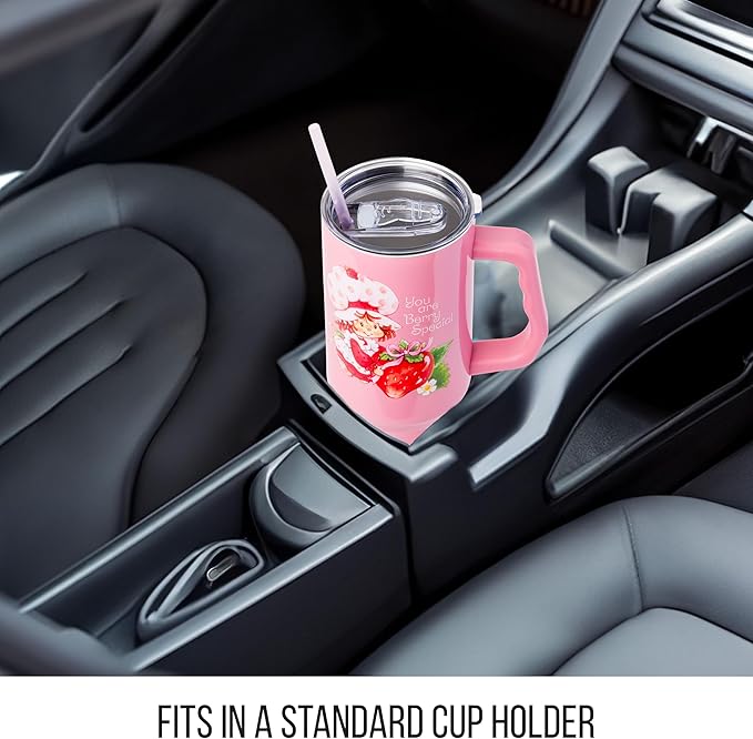 Silver Buffalo Strawberry Shortcake You Are Berry Special Vintage Berry Pink Stainless Steel Tumbler with Handle and Straw, Fits in Standard Cup Holder, 40 Ounces