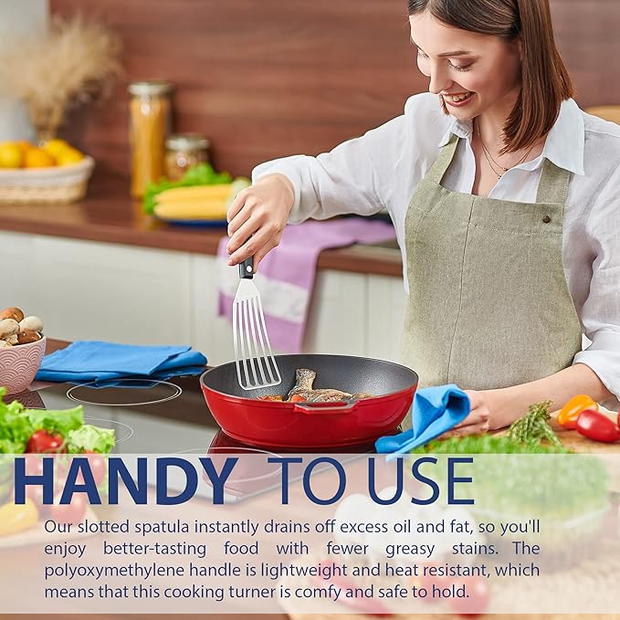 Slotted Stainless Steel Fish Spatula - 11-inch Thin, Heat Resistant with ABS Handle - Turner for Meat, Eggs, Nonstick Cookware