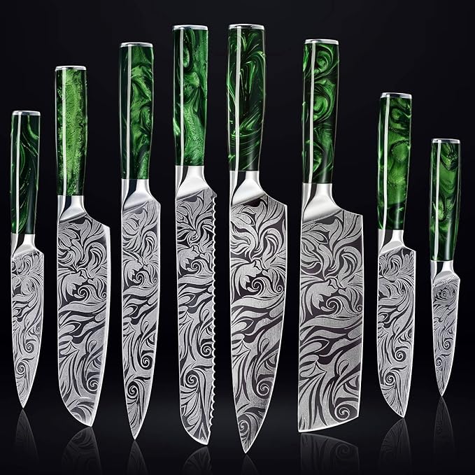 SENKEN 8-piece Engraved Japanese Kitchen Knife Set & Beautiful Green Resin Epoxy Handles - Wasabi Collection - Chef's Knife, Bread Knife, Cleaver Knife, Paring Knife, & More