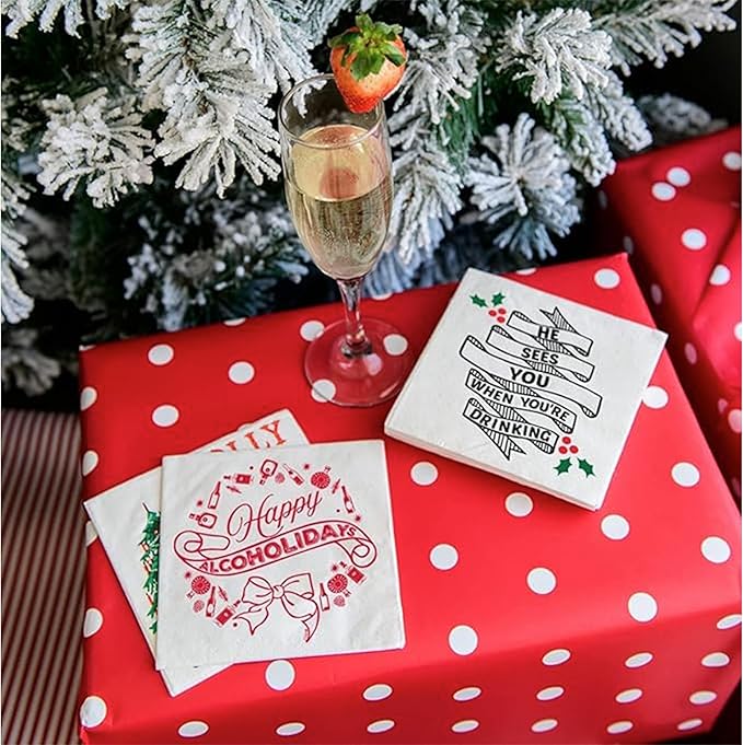 Twisted Wares Funny Christmas Cocktail Napkins – “HE SEES YOU WHEN YOU’RE DRINKING” – 3-Ply Holiday Beverage Napkins for Parties, Décor, and Gifting – 5”x5” (20-Pack)