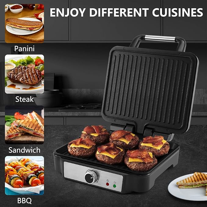 MONXOOK Panini Press Sandwich Maker, 4 Slices Panini Grill Non-Stick Coated Plates, Panini Makers with Temperature Control, Opens 180 Degrees, Removable Drip Tray, 1400W, Stainless Steel