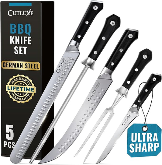 Cutluxe 5-Piece Butcher Knife Set – Slicing Carving Knife Set for Meat Cutting, Ultra Sharp German Steel, Full Tang, Ergonomic Handles – Artisan Series