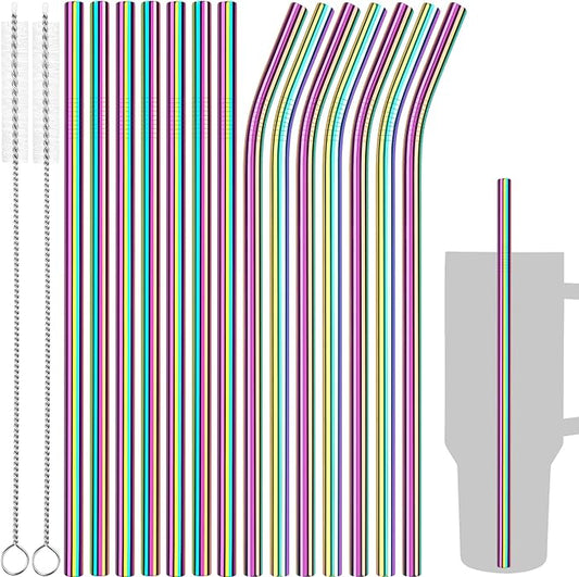 Tomorotec 11 Inch Stainless Steel Reusable Drinking Straws 14PCS & 2 Cleaning Brushes Set with Curved & Straight Designs, Compatible with 30oz Stanley Tumblers, Dishwasher Safe, BPA-Free (Metallic)