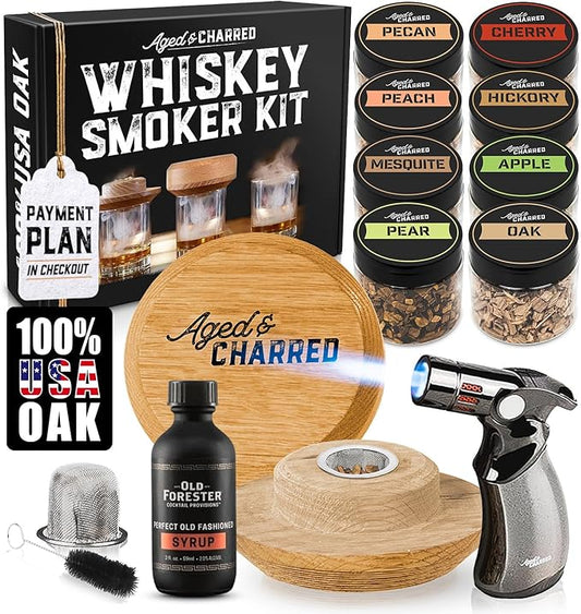 Whiskey Smoker Kit with Torch and Old Fashioned Syrup - 8 Flavors Wood Chips - Bourbon Gifts for Men, Cocktail Smoker kit - USA Oak Smoke Lid (No Butane)