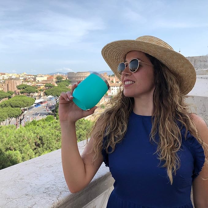 CHILLOUT LIFE 12 oz Stainless Steel Wine Tumblers 4 Pack - Double Wall Vacuum Insulated Wine Glasses Cups with Lids and Straws Set Keeping Cold & Hot for Coffee, Beer, Ice Cream - Powder Coated Blue