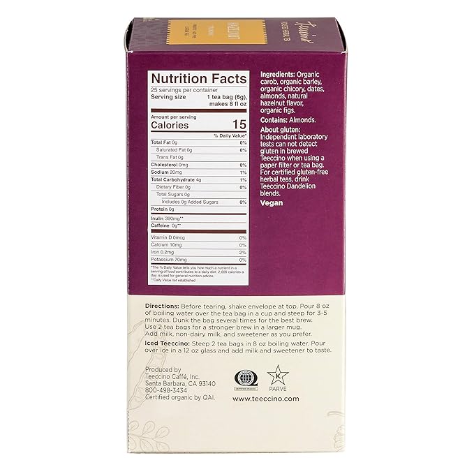 Teeccino Hazelnut Herbal Tea - 25 Tea Bags - Rich & Roasted Herbal Tea That’s Caffeine Free & Prebiotic for Natural Energy,