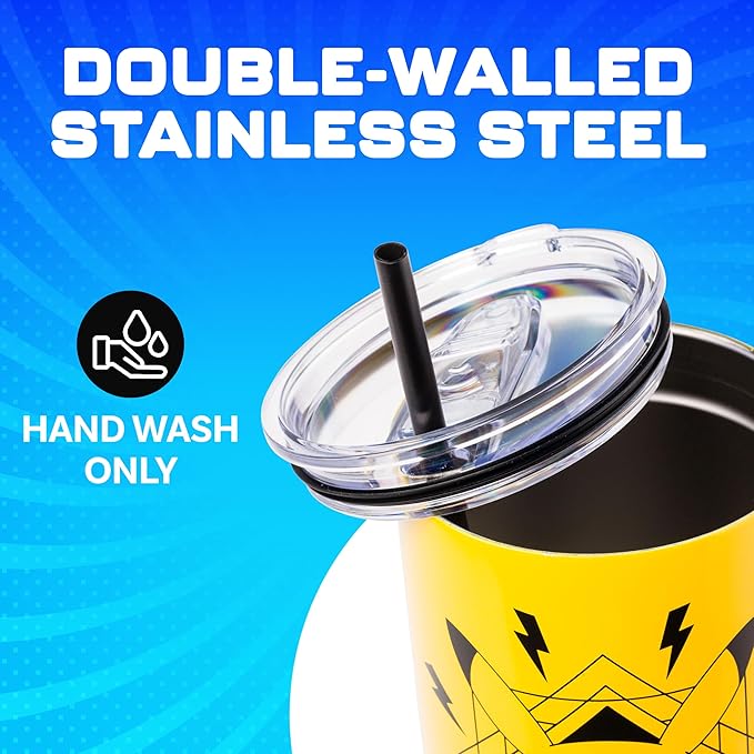 Silver Buffalo Pokémon Lightning Stainless Steel Tumbler with Handle Featuring Pikachu, Fits in Standard Cup Holder, 40 Ounces