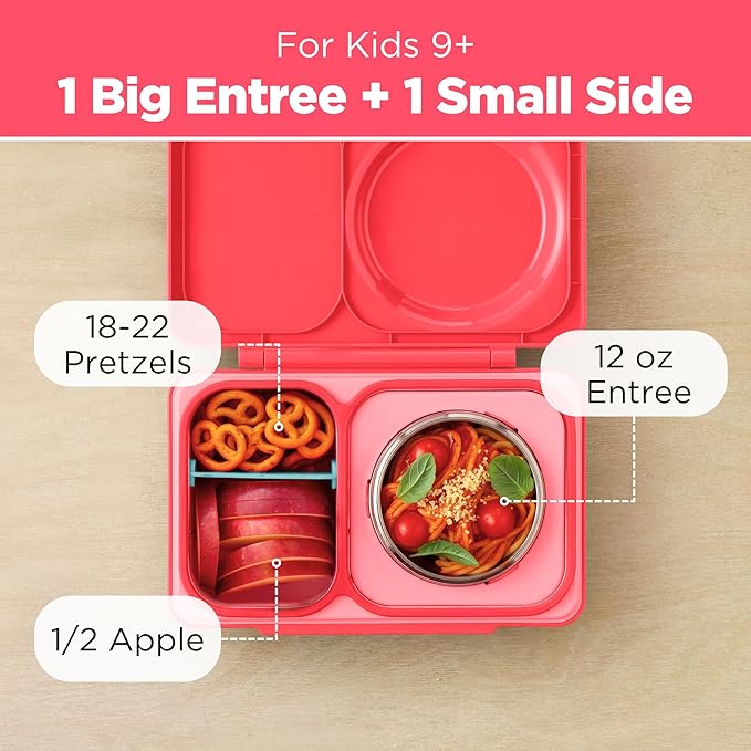Omie OmieBox UP bento Box for Kids | Insulated Lunch Box | Leak Proof Vacuum Insulated Thermal Food jar | Cooler ice Pack | 2 Compartments (Cherry Pink)