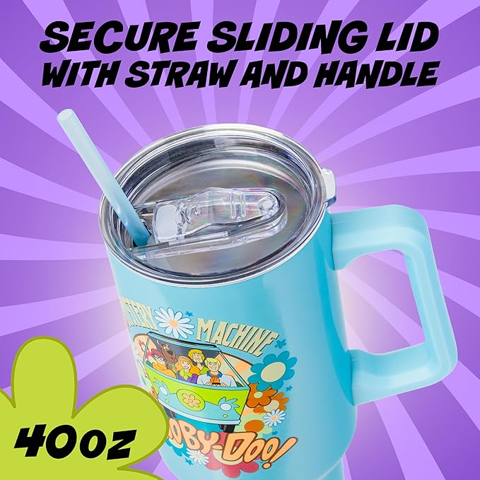 Silver Buffalo Scooby Doo Mystery Machine Featuring Shaggy, Velma, Fred and Daphne Stainless Steel Tumbler with Handle and Straw, Fits in Standard Cup Holder, 40 Ounces