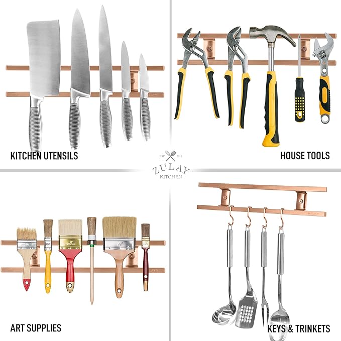 Zulay (12 Inch) Stainless Steel Magnetic Knife Holder For Wall - Powerful Knife Magnetic Strip With Extra Hanging Hooks - Wall Mount Magnetic Knife Strip & Organizer For Kitchen & Tools (Copper)