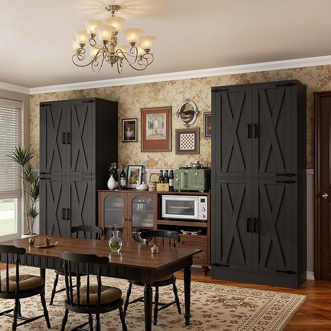 Unikito Kitchen Pantry Cabinet with Farmhouse Barn Doors and Storage Drawer, 8 Adjustable Shelves, Freestanding Tall 71" Cupboard for Dining Room, Living Room, Utility Room, Black 2 Pack