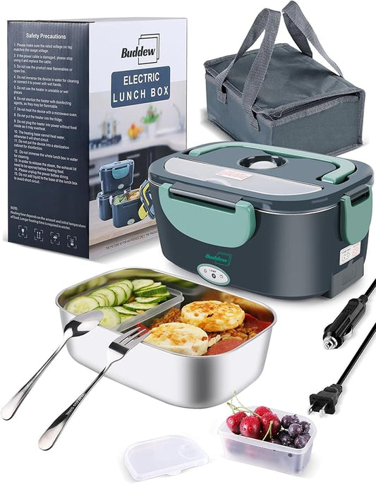 Buddew Electric Heated Lunch Box for Adults - 80W Fast Heating, 1.5L Food-Grade Stainless Steel, 12V/24V/110V Portable Food Warmer for Work Travel Car, Lonchera Electrica Portatil (Green)