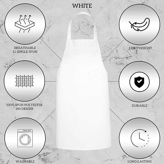 GREEN LIFESTYLE 12 Pack Bib Apron - Unisex White Aprons, Machine Washable Aprons for Men and Women, Kitchen Cooking BBQ Aprons Bulk (Pack of 12, No Pockets, White)
