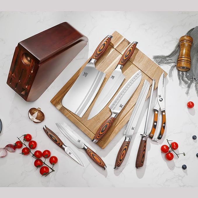 MSY BIGSUNNY 9pcs Knife Block Set, German Steel Kitchen Knife Set with Bone Chopper, Precious Pakkawood Handle for Chef Knife Block Set