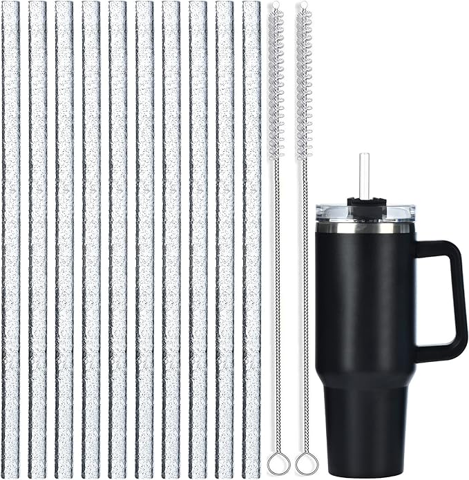 ALINK 10 Pack Replacement Straws for Stanley 40 oz 30 oz Tumbler, 12 in Long Reusable Plastic Clear Glitter Straws for Stanley Cup Accessories, Half Gallon Jug, Plus 2 Cleaning Brush