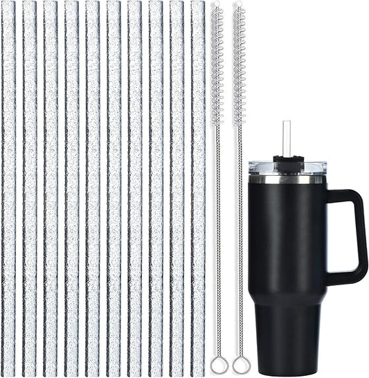 ALINK 10 Pack Replacement Straws for Stanley 40 oz 30 oz Tumbler, 12 in Long Reusable Plastic Clear Glitter Straws for Stanley Cup Accessories, Half Gallon Jug, Plus 2 Cleaning Brush