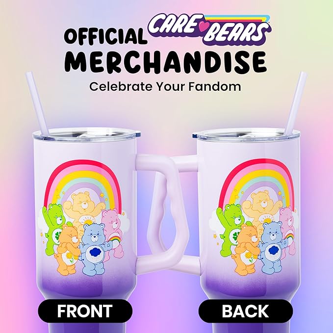 Silver Buffalo Care Bears Rainbow Featuring Funshine, Cheer, Grumpy, Friend, and Good Luck Bear Stainless Steel Tumbler with Handle and Straw, Fits in Standard Cup Holder, 40 Ounces
