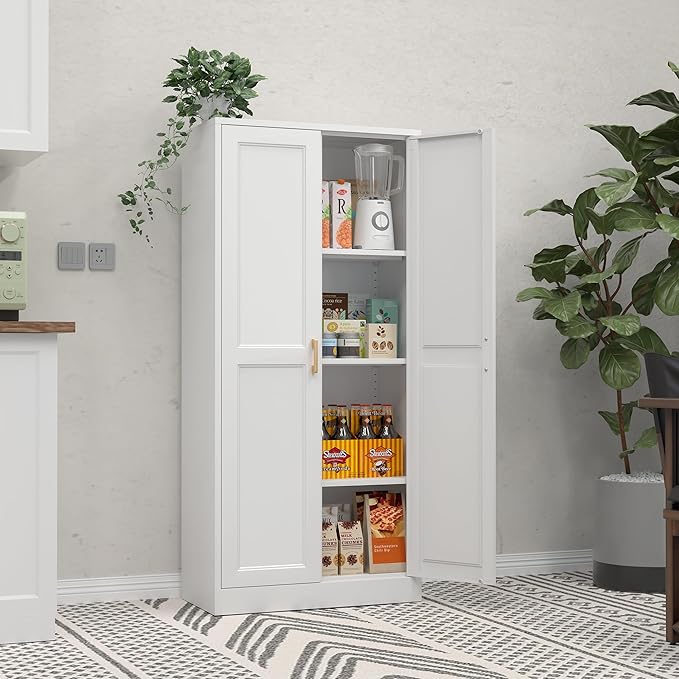 60" Tall Kitchen Pantry Storage Cabinet with Doors and 3 Shelves, Metal Storage Cabinets, White Kitchen Cupboard with Gold Handles, Utility Large Food Cabinet for Pantry, Living Room, Dining